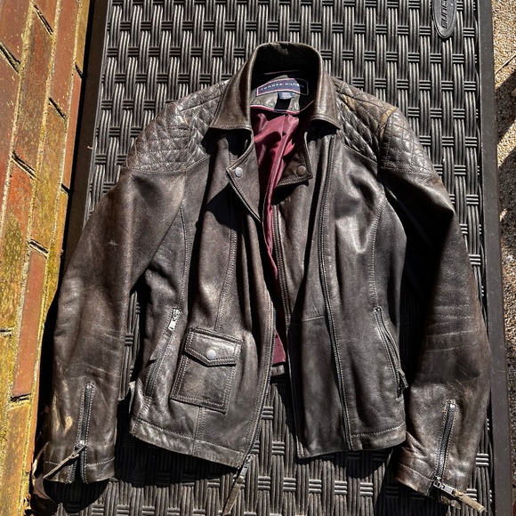 Tommy Hilfiger black leather motorcycle jacket - Picture 1 of 3